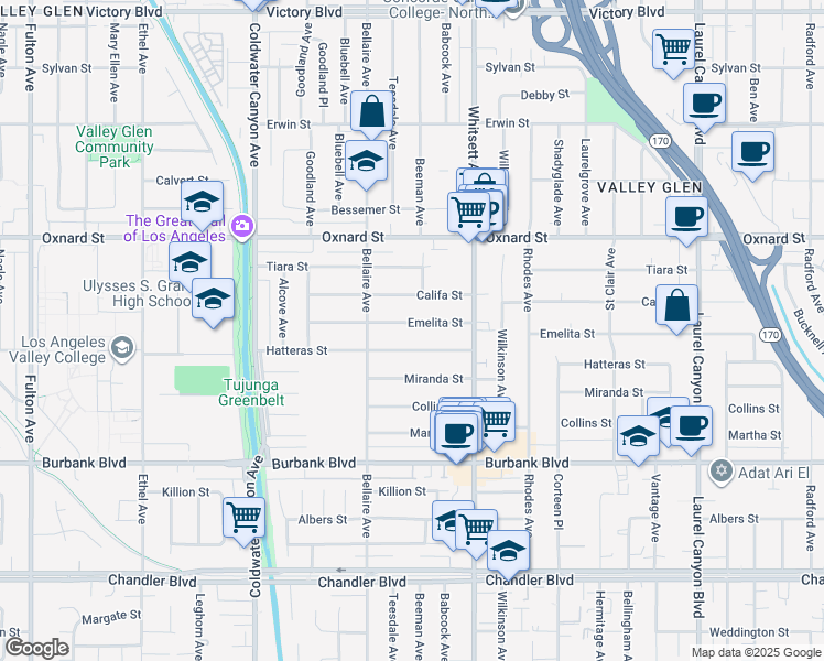 map of restaurants, bars, coffee shops, grocery stores, and more near 12549 Hatteras Street in Los Angeles