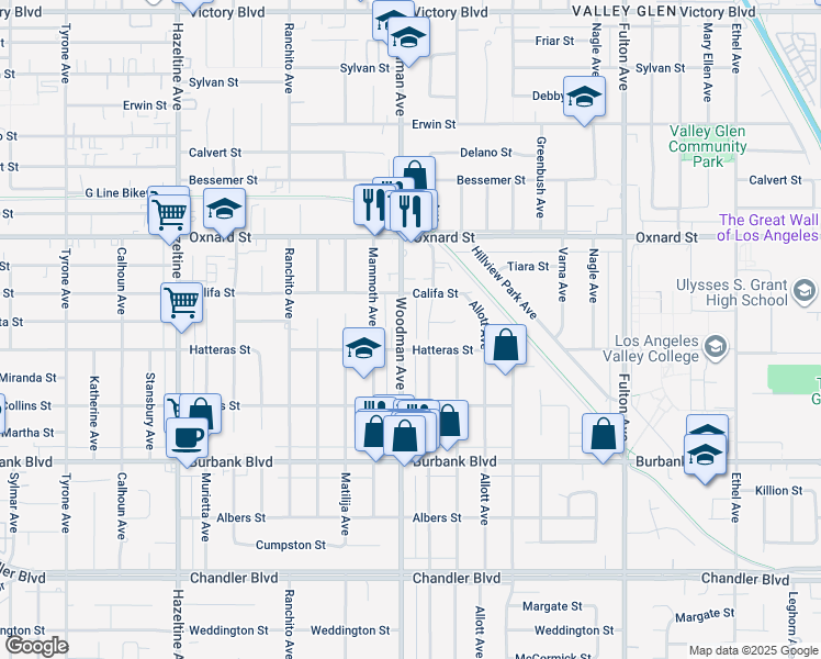 map of restaurants, bars, coffee shops, grocery stores, and more near 5804 Woodman Avenue in Los Angeles