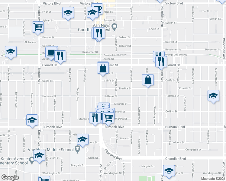 map of restaurants, bars, coffee shops, grocery stores, and more near 14429 Hatteras Street in Los Angeles