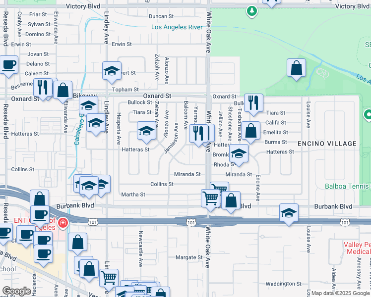 map of restaurants, bars, coffee shops, grocery stores, and more near 17812 Bromley Court in Los Angeles