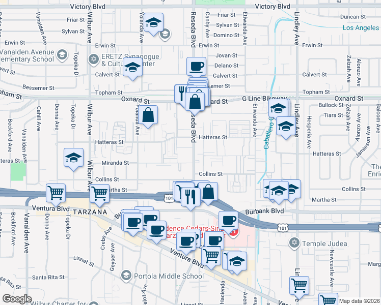 map of restaurants, bars, coffee shops, grocery stores, and more near 5825 Reseda Boulevard in Los Angeles