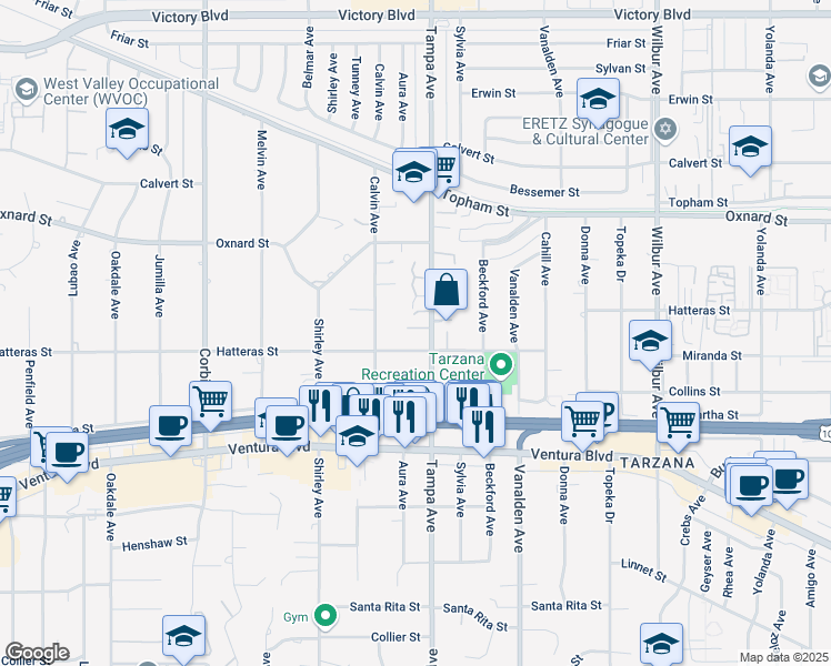 map of restaurants, bars, coffee shops, grocery stores, and more near 19317 Hatteras Street in Los Angeles