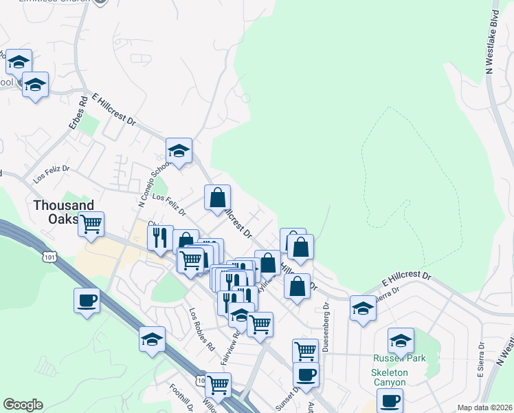 map of restaurants, bars, coffee shops, grocery stores, and more near 401 East Hilltop Way in Thousand Oaks