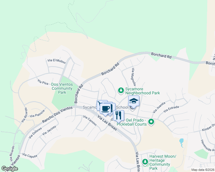 map of restaurants, bars, coffee shops, grocery stores, and more near 138 Via Katrina in Thousand Oaks
