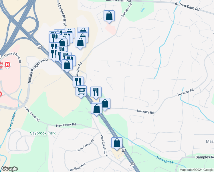 map of restaurants, bars, coffee shops, grocery stores, and more near 2797 Middlecreek Way in Cumming