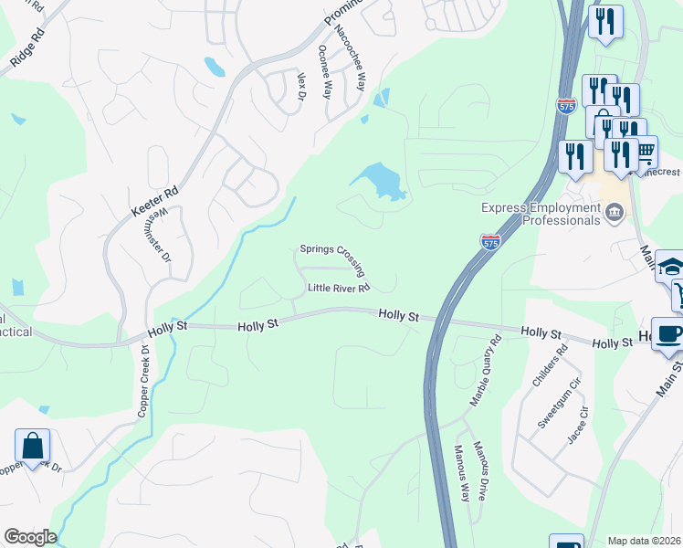 map of restaurants, bars, coffee shops, grocery stores, and more near 415 Little River Road in Canton