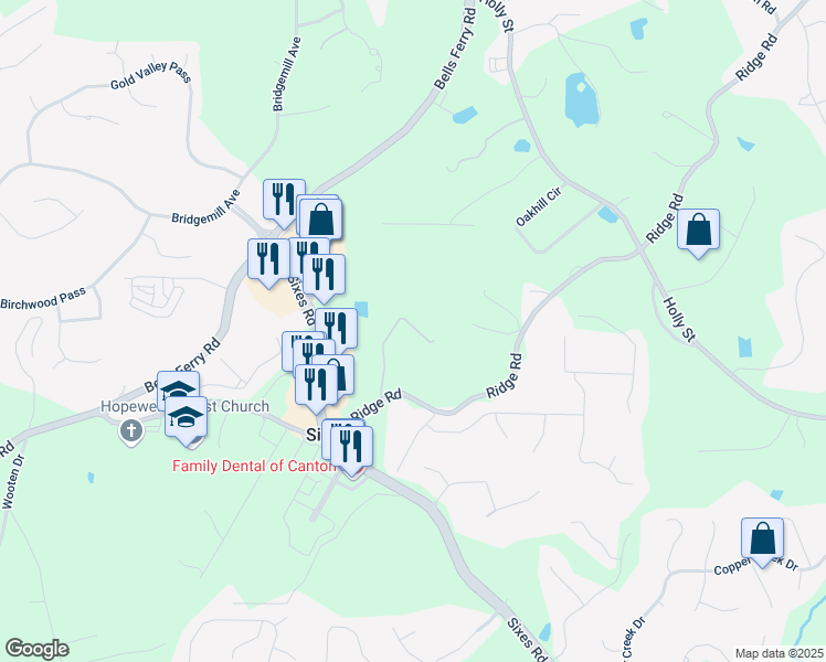 map of restaurants, bars, coffee shops, grocery stores, and more near 305 Ridge Road in Canton