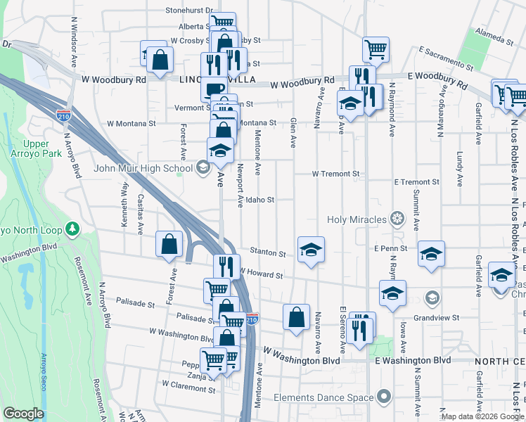 map of restaurants, bars, coffee shops, grocery stores, and more near 1757 Belmont Avenue in Pasadena