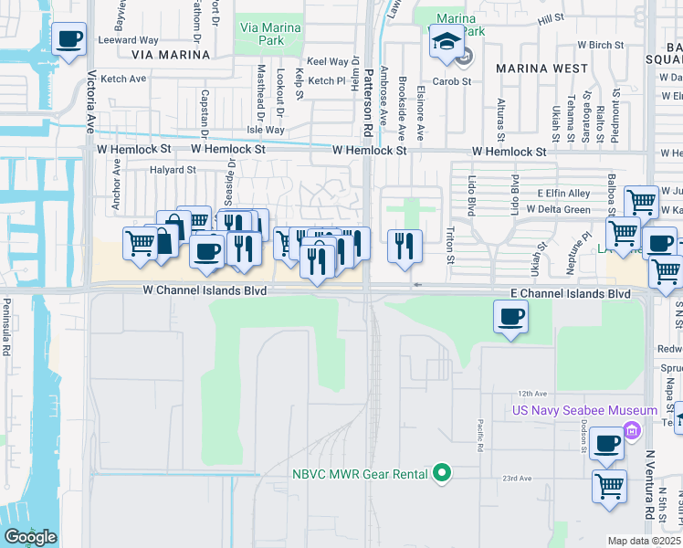 map of restaurants, bars, coffee shops, grocery stores, and more near 439 West Channel Islands Boulevard in Port Hueneme