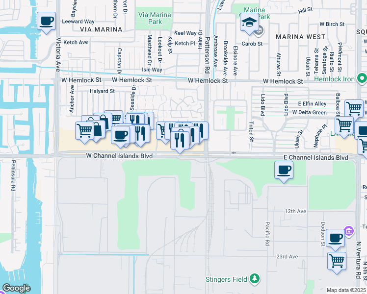 map of restaurants, bars, coffee shops, grocery stores, and more near 473 West Channel Islands Boulevard in Port Hueneme