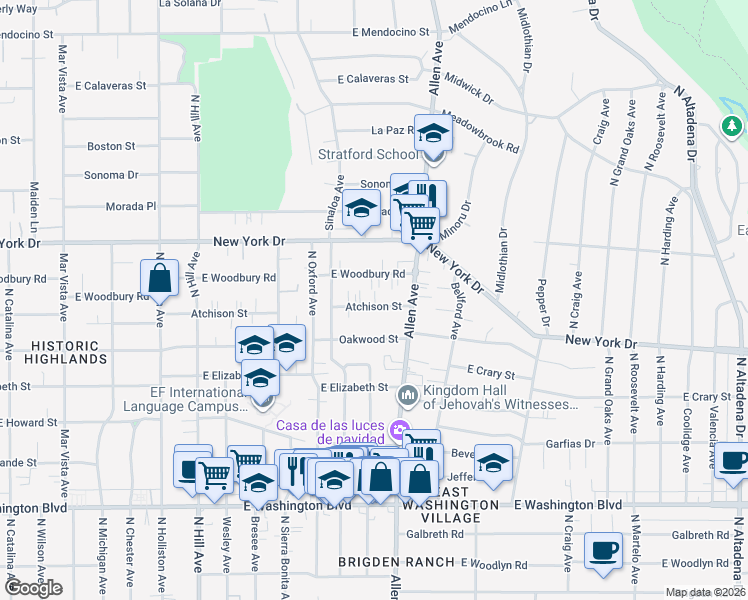 map of restaurants, bars, coffee shops, grocery stores, and more near 1750 Atchison Street in Pasadena