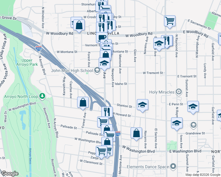 map of restaurants, bars, coffee shops, grocery stores, and more near 1783 Newport Avenue in Pasadena