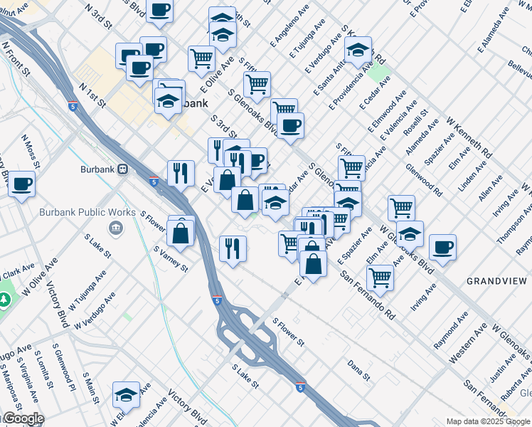 map of restaurants, bars, coffee shops, grocery stores, and more near 116 East Cedar Avenue in Burbank