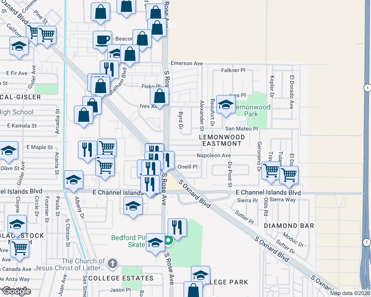 map of restaurants, bars, coffee shops, grocery stores, and more near 1834 Macarthur Place in Oxnard