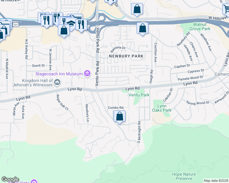 map of restaurants, bars, coffee shops, grocery stores, and more near 122 Beech Road in Thousand Oaks