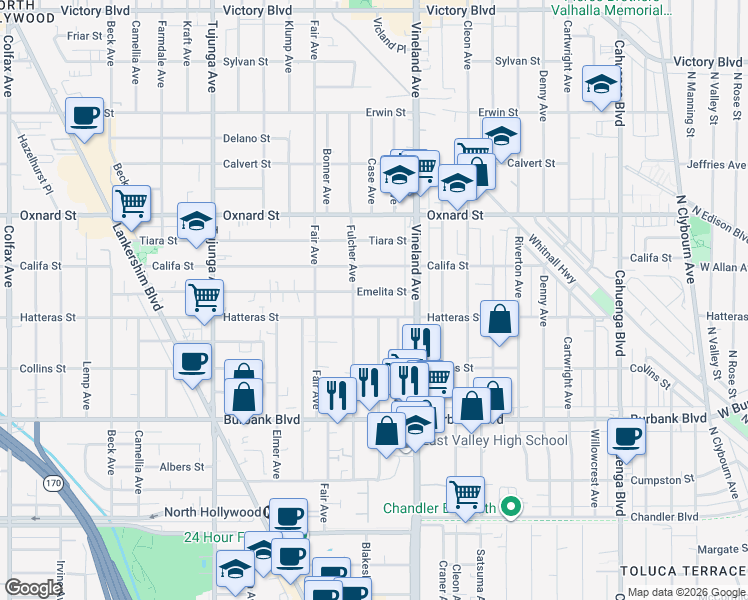 map of restaurants, bars, coffee shops, grocery stores, and more near 11052 Emelita Street in Los Angeles