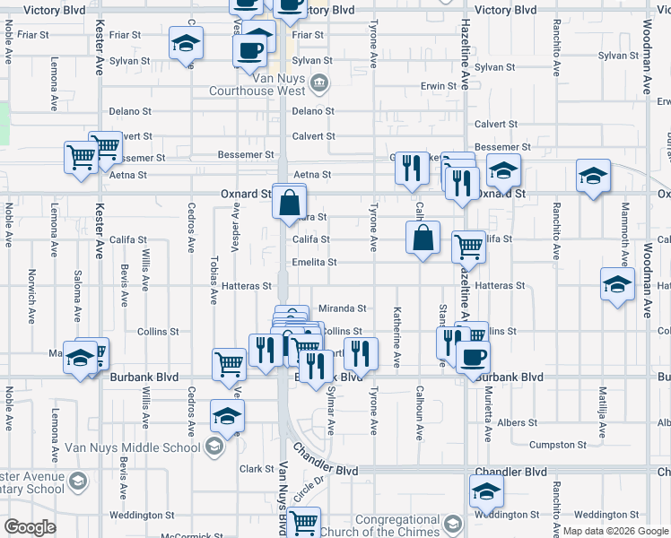 map of restaurants, bars, coffee shops, grocery stores, and more near 14354 Emelita Street in Los Angeles