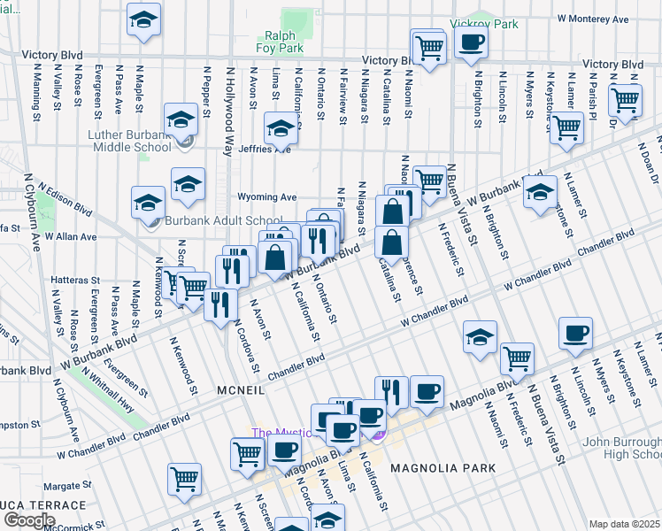 map of restaurants, bars, coffee shops, grocery stores, and more near 1231 North Fairview Street in Burbank