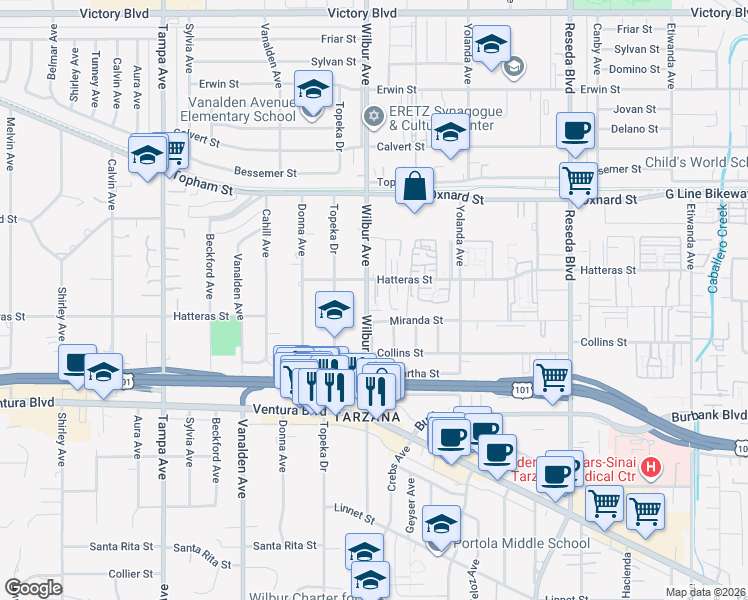 map of restaurants, bars, coffee shops, grocery stores, and more near 18854 Hatteras Street in Los Angeles