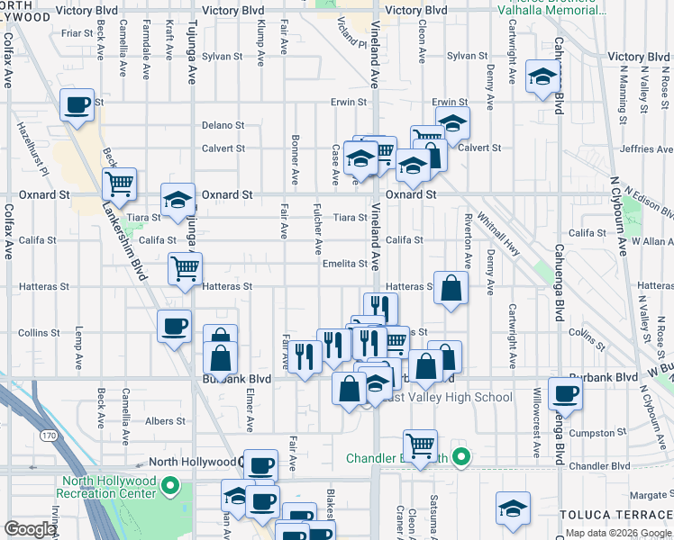 map of restaurants, bars, coffee shops, grocery stores, and more near 11052 Emelita Street in Los Angeles