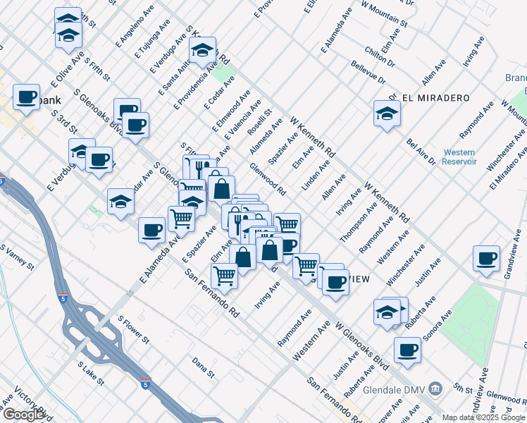 map of restaurants, bars, coffee shops, grocery stores, and more near 1140 Elm Avenue in Glendale