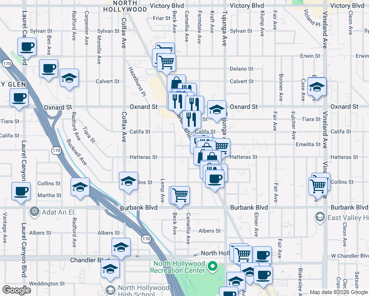 map of restaurants, bars, coffee shops, grocery stores, and more near 11508 Emelita Street in Los Angeles
