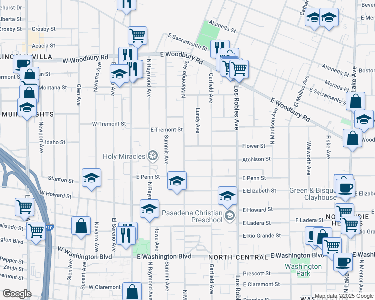 map of restaurants, bars, coffee shops, grocery stores, and more near 225 Atchison Street in Pasadena