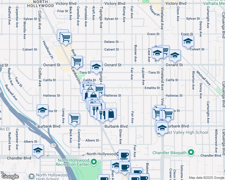 map of restaurants, bars, coffee shops, grocery stores, and more near 11320 Emelita Street in Los Angeles