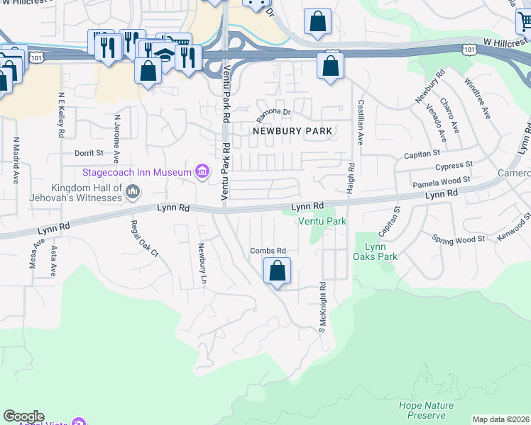 map of restaurants, bars, coffee shops, grocery stores, and more near 122 Beech Road in Thousand Oaks