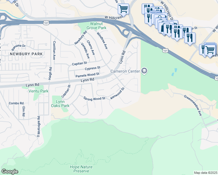 map of restaurants, bars, coffee shops, grocery stores, and more near 659 Valley Oak Lane in Thousand Oaks
