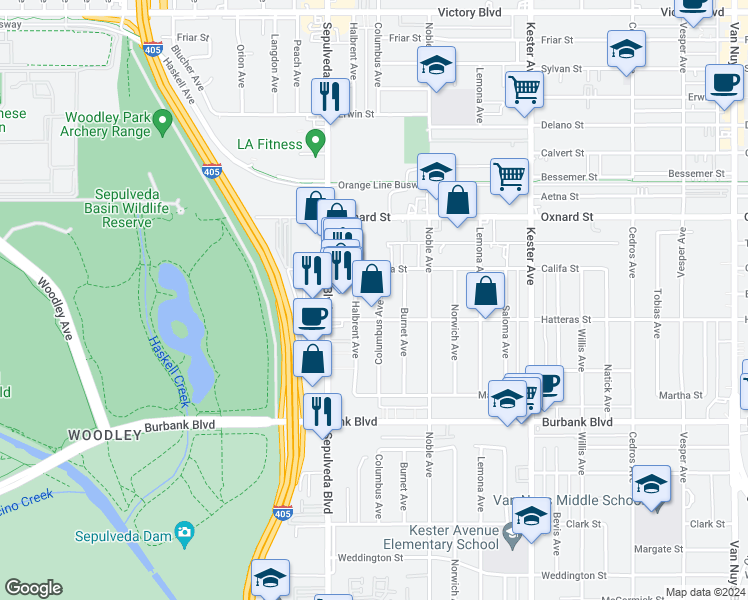 map of restaurants, bars, coffee shops, grocery stores, and more near 5821 Columbus Avenue in Los Angeles