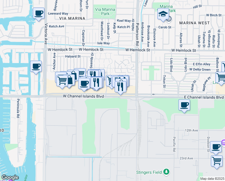 map of restaurants, bars, coffee shops, grocery stores, and more near 512 West Channel Islands Boulevard in Port Hueneme