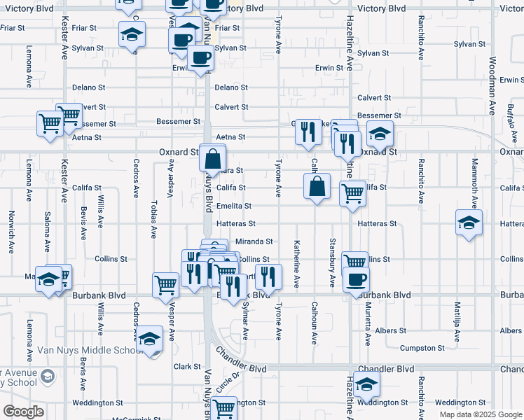 map of restaurants, bars, coffee shops, grocery stores, and more near 14328 Emelita Street in Los Angeles