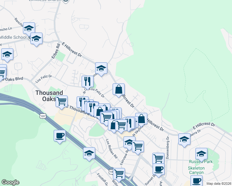 map of restaurants, bars, coffee shops, grocery stores, and more near 297 Whiteside Place in Thousand Oaks
