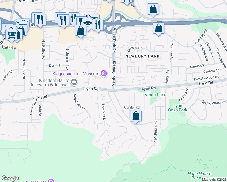 map of restaurants, bars, coffee shops, grocery stores, and more near 2 South Ventu Park Road in Thousand Oaks