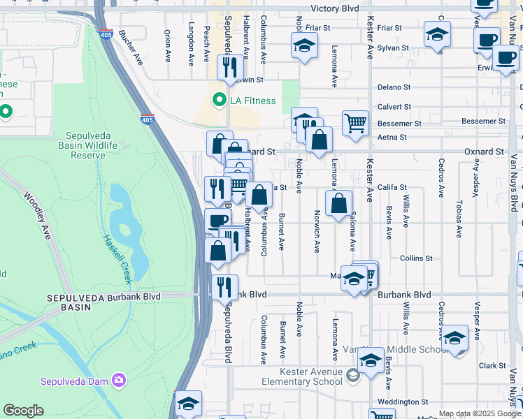 map of restaurants, bars, coffee shops, grocery stores, and more near 5821 Columbus Avenue in Los Angeles
