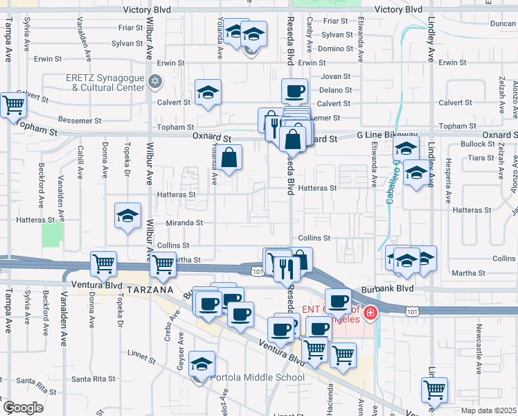 map of restaurants, bars, coffee shops, grocery stores, and more near 18550 Hatteras Street in Los Angeles