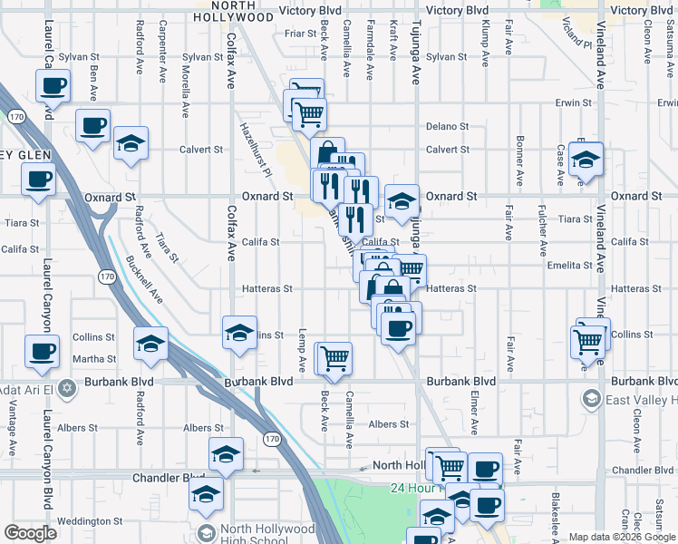 map of restaurants, bars, coffee shops, grocery stores, and more near 11523 Hatteras Street in Los Angeles
