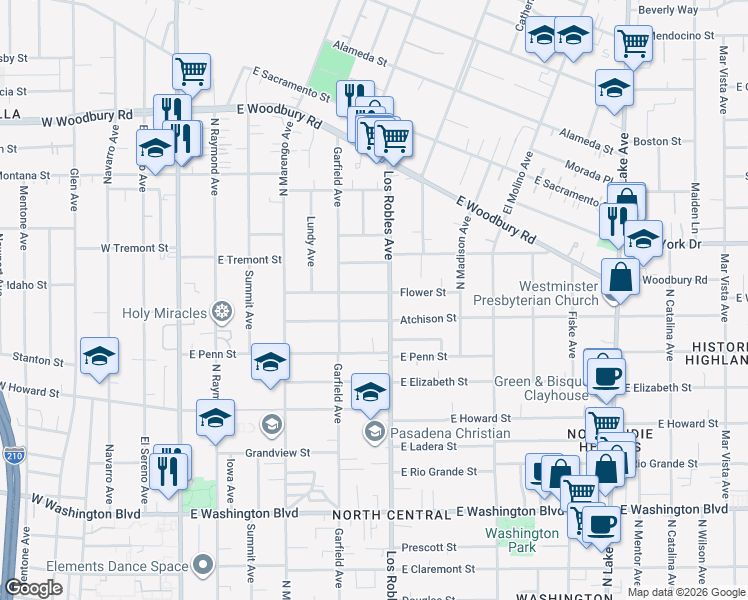 map of restaurants, bars, coffee shops, grocery stores, and more near 400 Flower Street in Pasadena