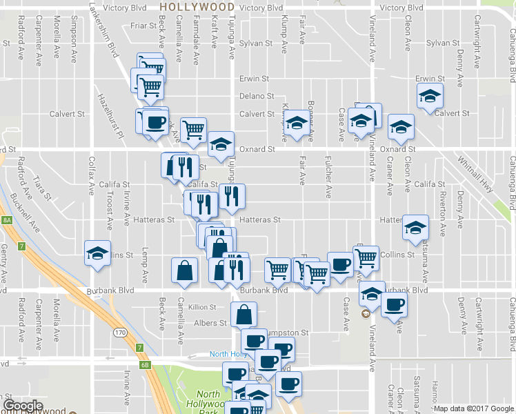 map of restaurants, bars, coffee shops, grocery stores, and more near 11320 Emelita Street in Los Angeles