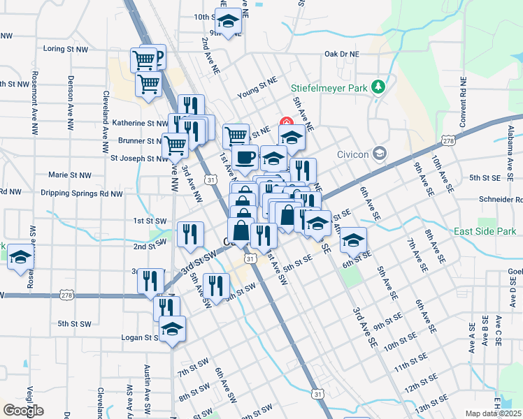 map of restaurants, bars, coffee shops, grocery stores, and more near 202 1st Avenue Southeast in Cullman