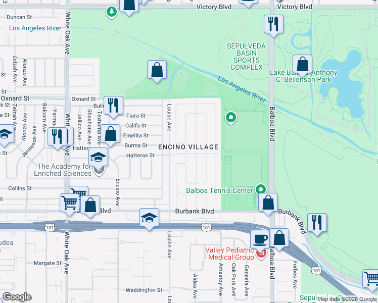 map of restaurants, bars, coffee shops, grocery stores, and more near 5762 Aldea Avenue in Los Angeles