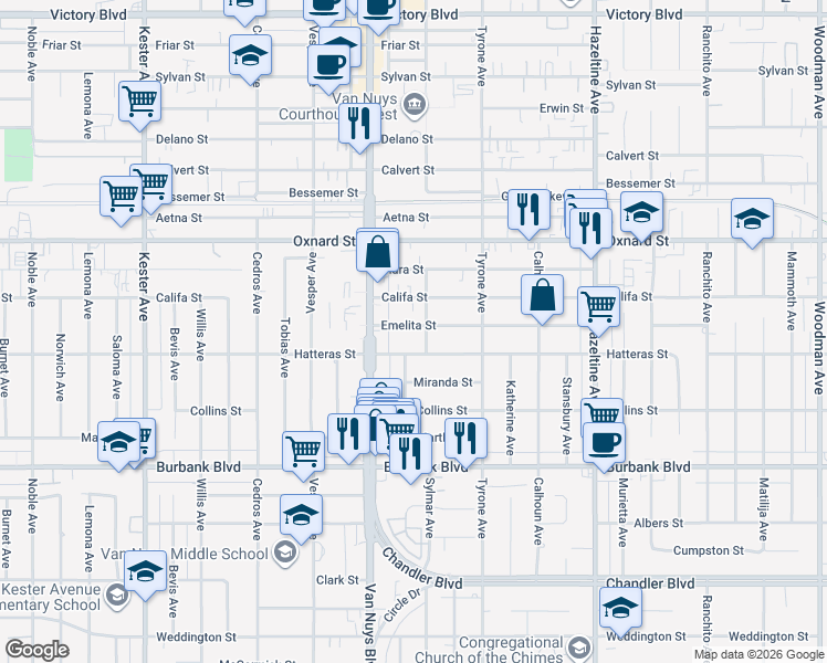 map of restaurants, bars, coffee shops, grocery stores, and more near 14412 Emelita Street in Los Angeles