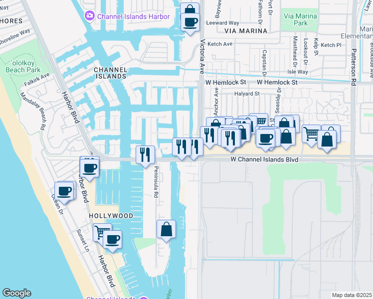 map of restaurants, bars, coffee shops, grocery stores, and more near 2524 Monaco Drive in Oxnard