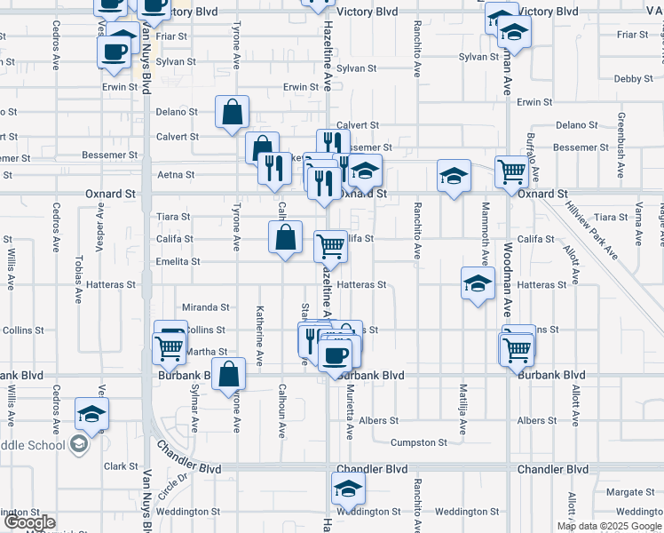 map of restaurants, bars, coffee shops, grocery stores, and more near 5820 Hazeltine Avenue in Los Angeles