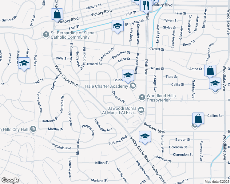 map of restaurants, bars, coffee shops, grocery stores, and more near 23843 Crosson Drive in Los Angeles