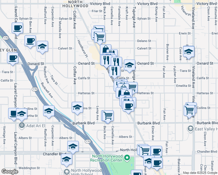 map of restaurants, bars, coffee shops, grocery stores, and more near 11516 Emelita Street in Los Angeles