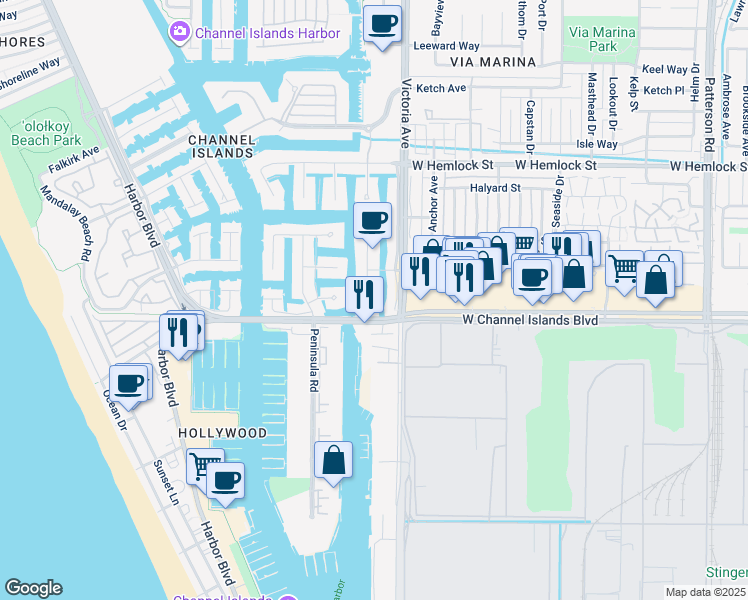 map of restaurants, bars, coffee shops, grocery stores, and more near 2524 Monaco Drive in Oxnard