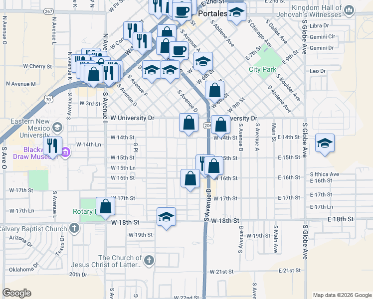map of restaurants, bars, coffee shops, grocery stores, and more near 1430 S Ave East in Portales