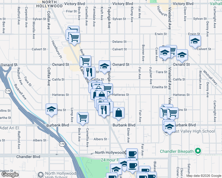 map of restaurants, bars, coffee shops, grocery stores, and more near in Los Angeles